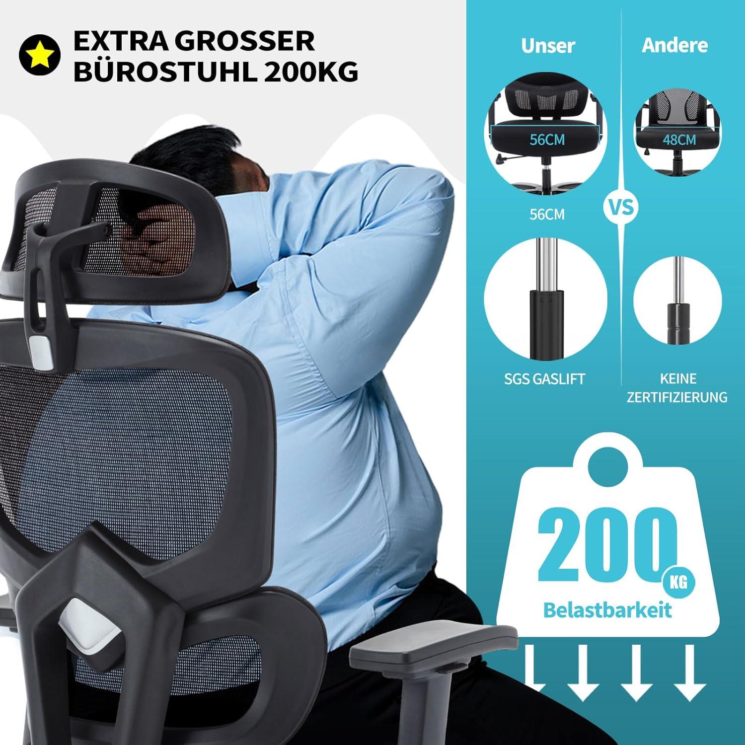 Ergonomischer Bürostuhl 200KG Verstellbare Armlehne Mesh Schwarz