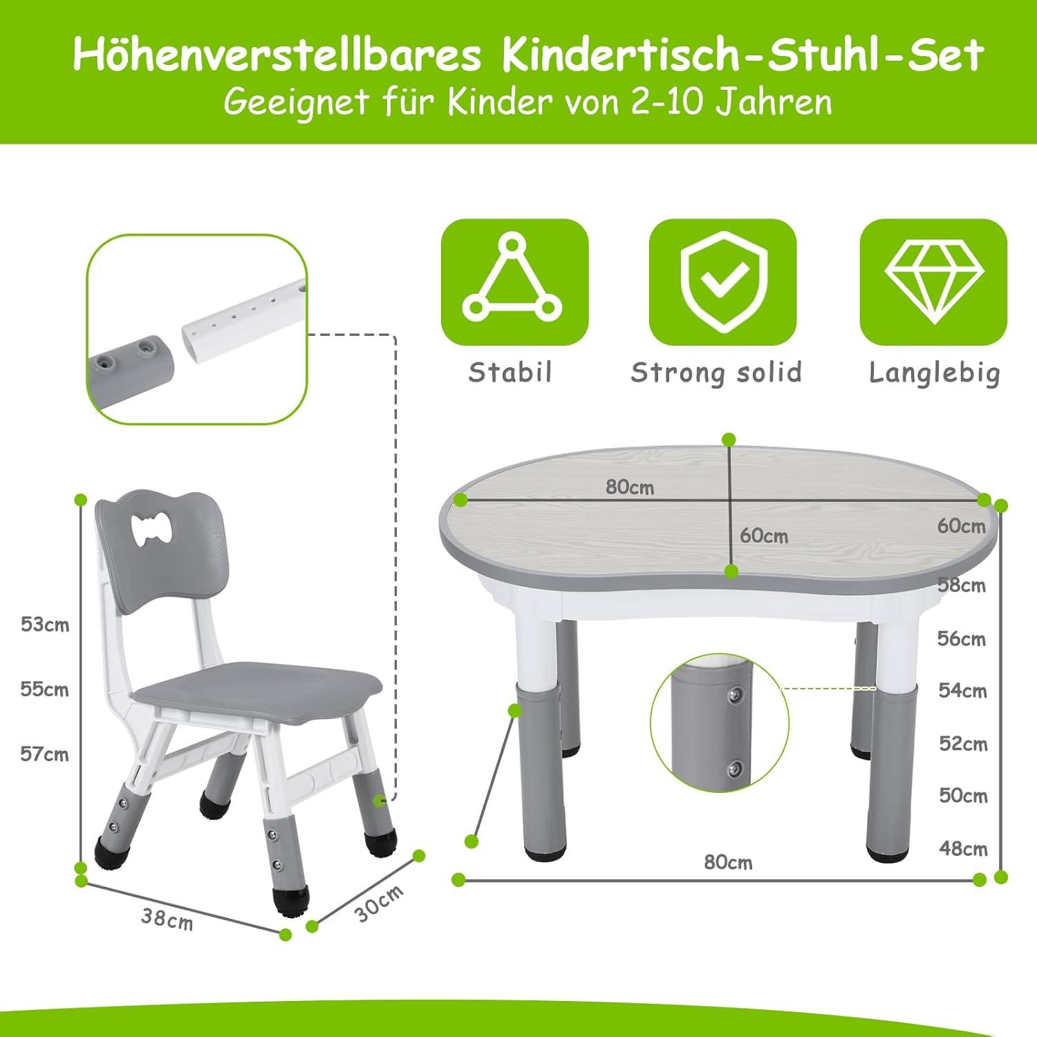 Kindertisch mit Stühlen Höhenverstellbar Plastik Grau