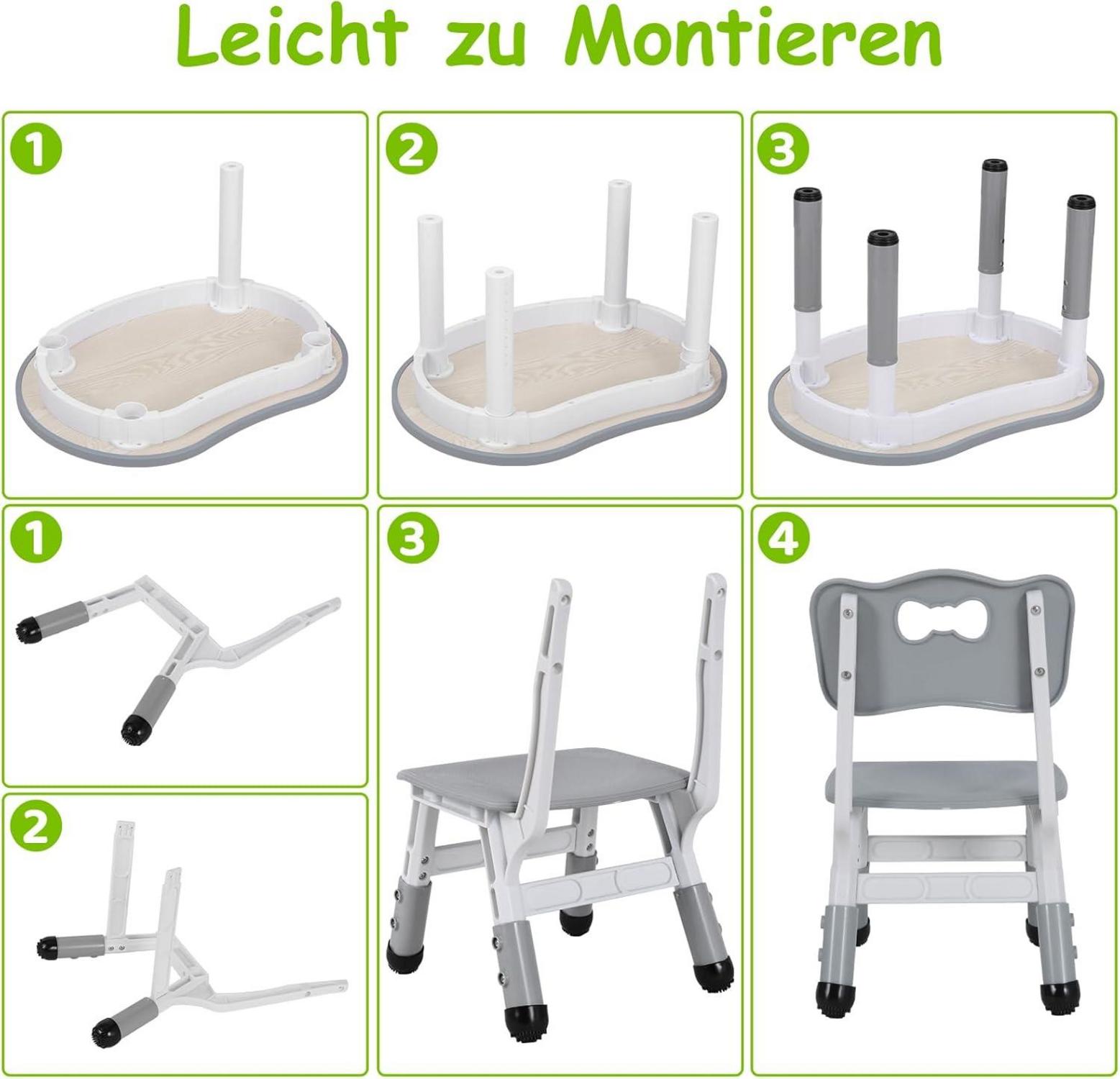 Kindertisch mit 2 Stühlen Höhenverstellbar Plastik Grau