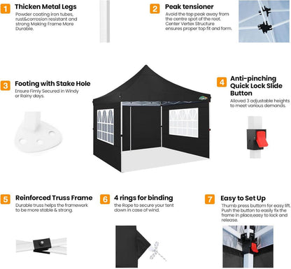 Faltpavillon 3x3 wasserdicht mit Seitenwänden & Sandsäcke Schwarz