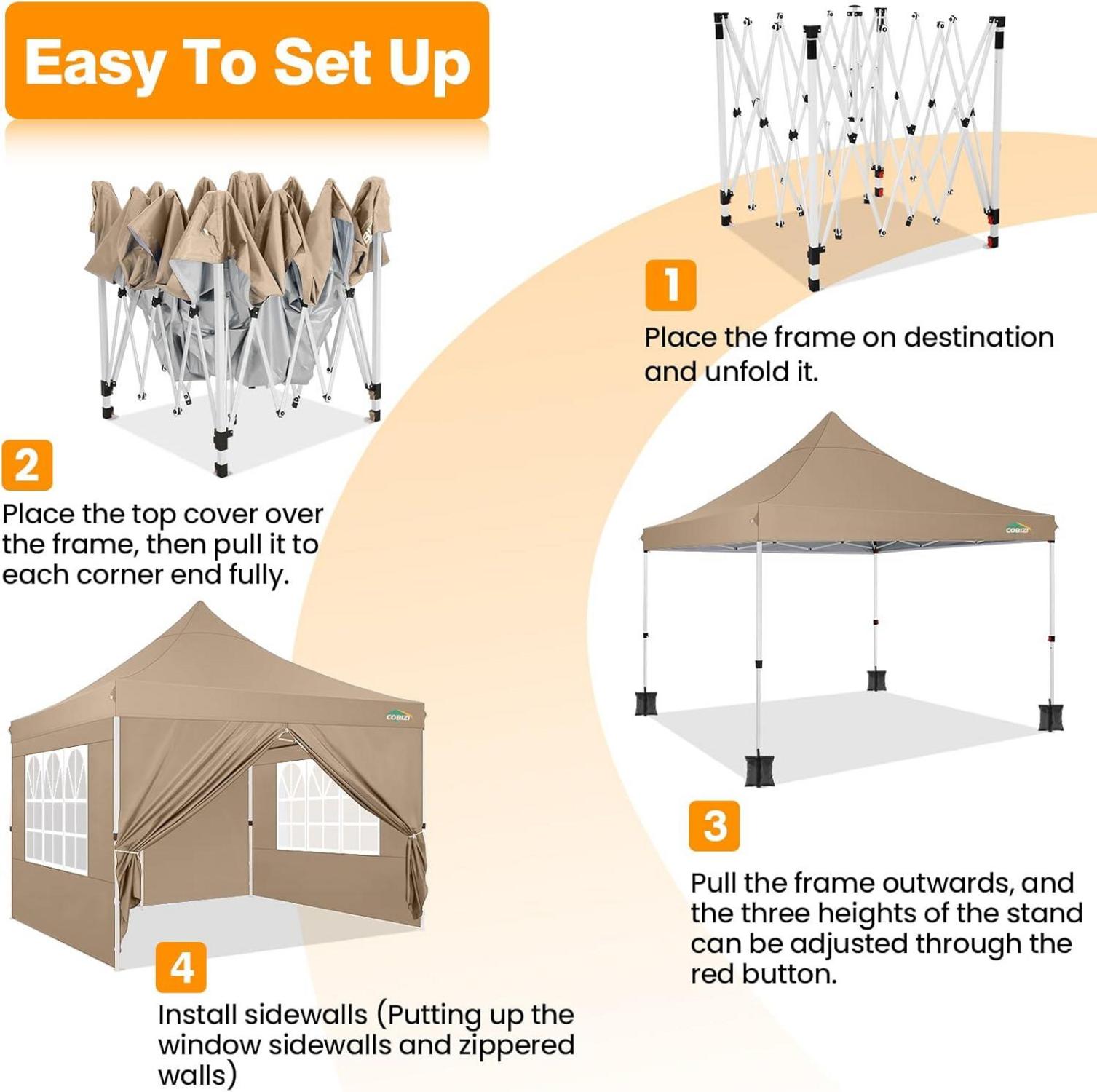Faltpavillon 3x3 Wasserdicht Stabil mit Seitenwänden & Sandsack Khaki UV-Schutz