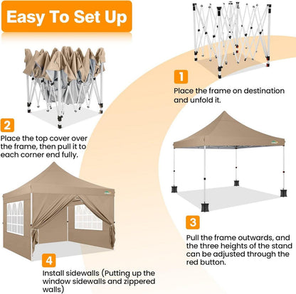 Faltpavillon 3x3 Wasserdicht Stabil mit Seitenwänden & Sandsack Khaki UV-Schutz