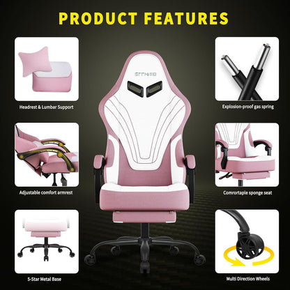 Ergonomischer Gaming Stuhl mit Fußstütze und Massage-Lendenwirbelstütze - Rosa