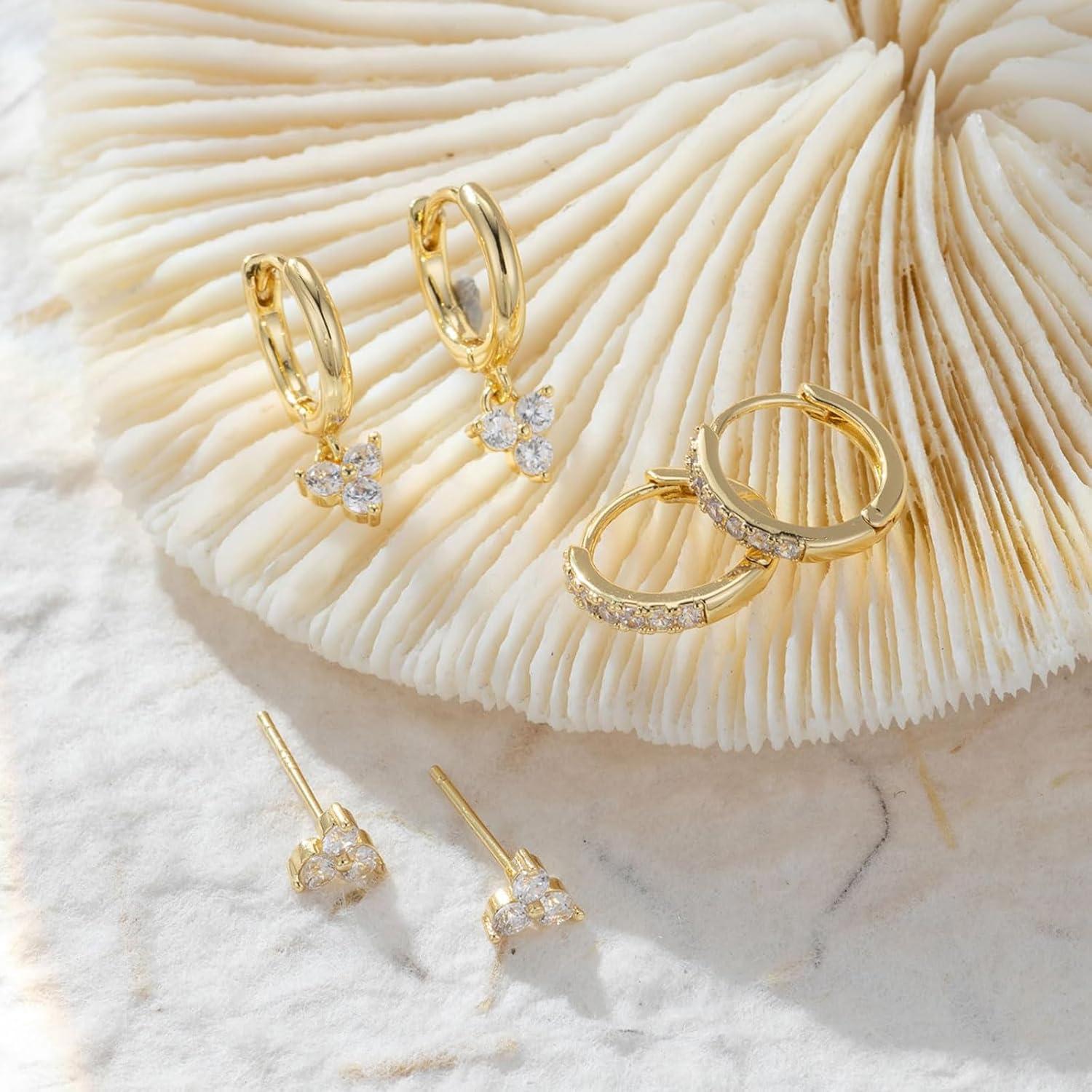 FUNEIA Ohrringe Set Damen Silber Gold 925 14K Vergoldet Zirkonia Elegant