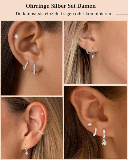 FUNEIA Ohrringe Set Silber 925 14K Vergoldet Zirkonia Anhänger Ohrstecker Kreolen