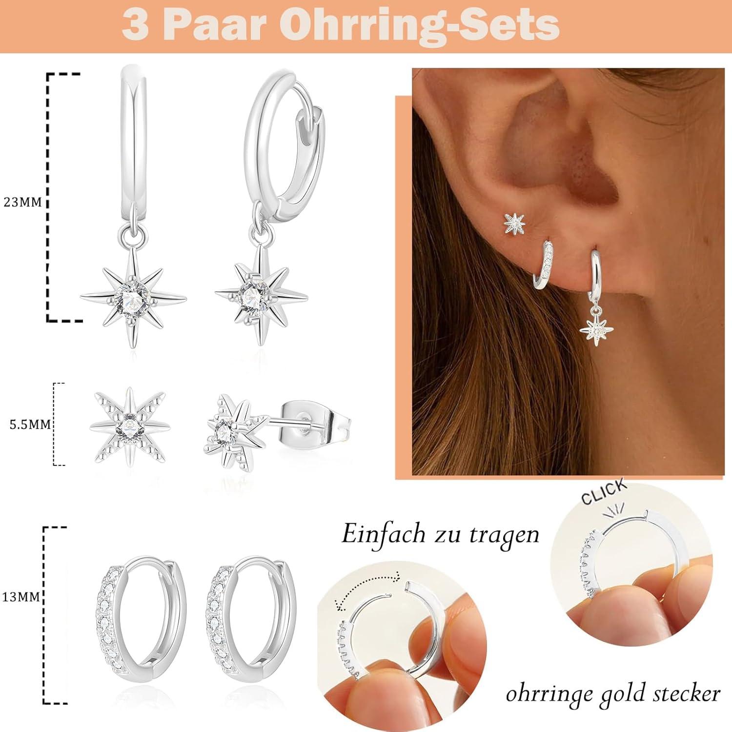 FUNEIA Damen Ohrringe Set Silber 925 Gold Vergoldet Zirkonia Elegantes