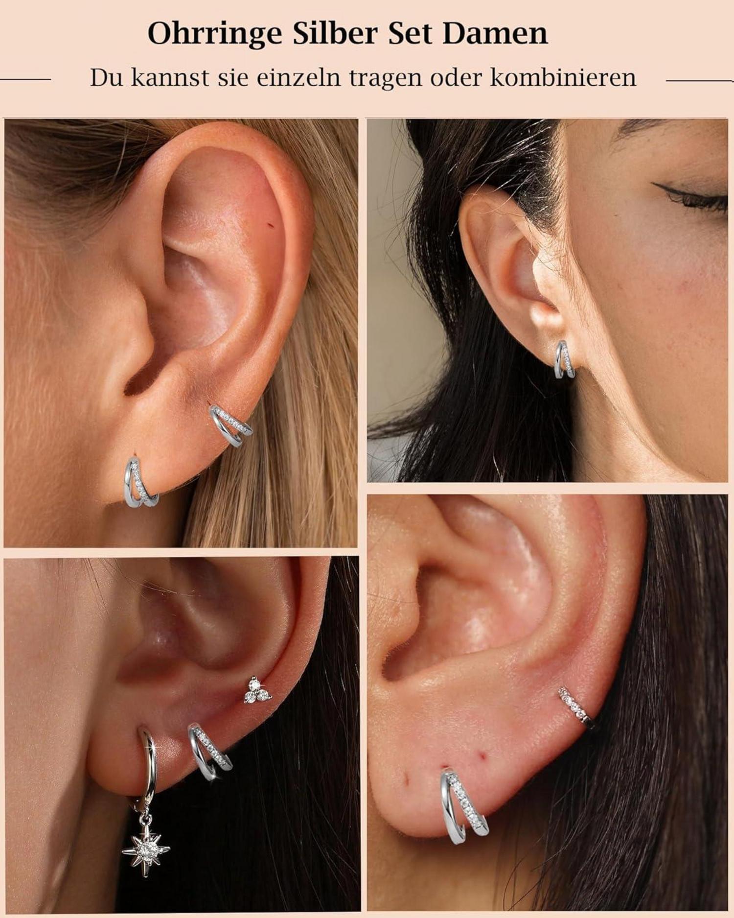 FUNEIA Ohrringe Silber 925 Set Damen Zirkonia Gold Creolen Ohrstecker A-Silber