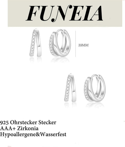 FUNEIA Ohrringe Set Silber 925 14K Vergoldet Creolen Ohrstecker Zirkonia Gold