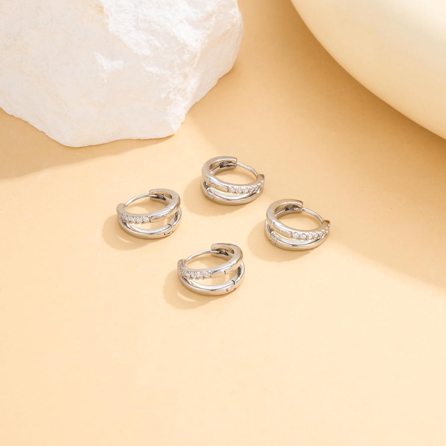 Ohrringe Set Damen 925 Silber Vergoldet Creolen Ohrstecker Zirkonia