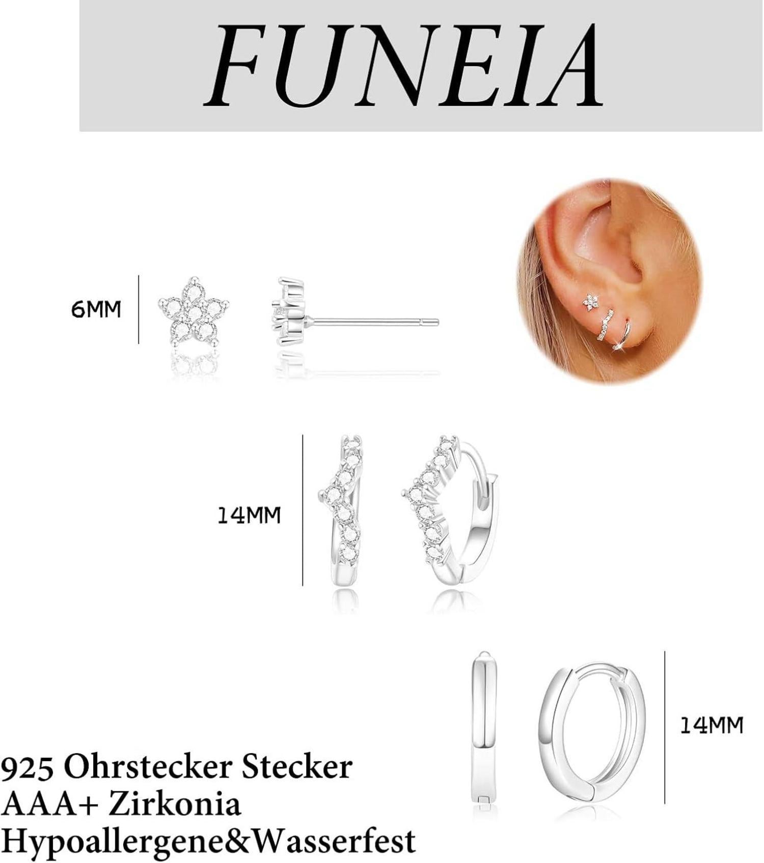 FUNEIA Ohrringe Set Silber 925 Damen Creolen Ohrstecker Zirkonia Gold
