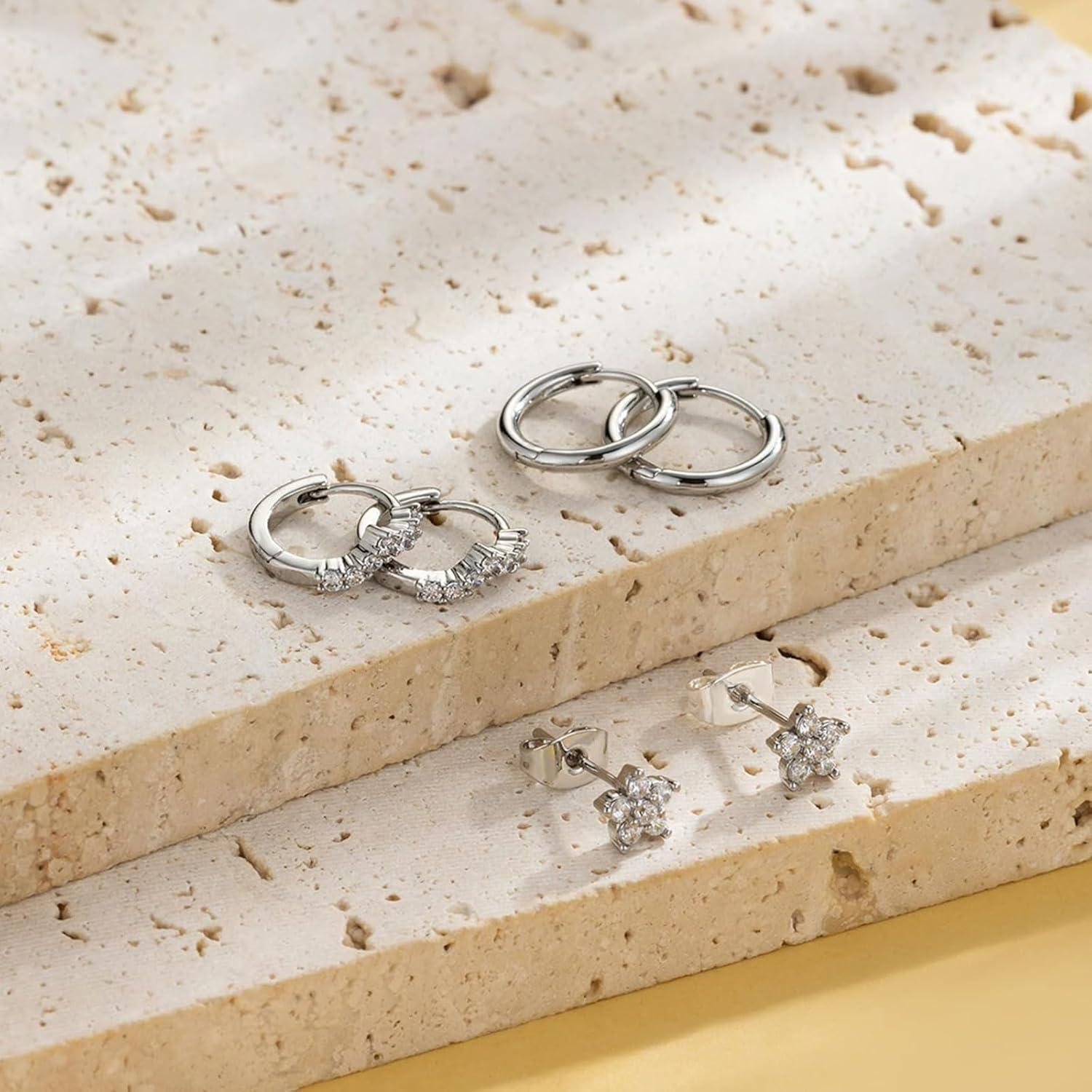 FUNEIA Ohrringe Set Silber 925 Damen Creolen Ohrstecker Zirkonia Gold