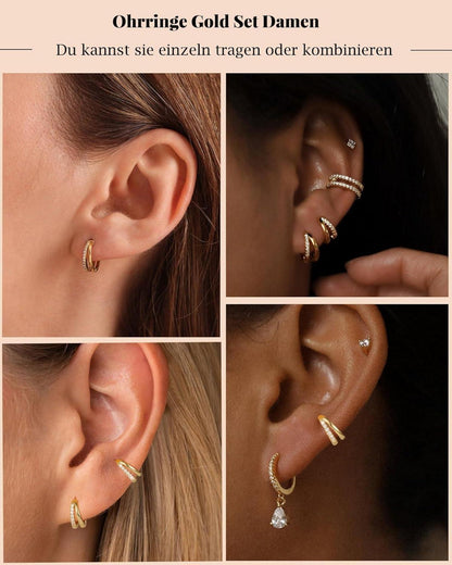 FUNEIA Ohrringe Set Silber 925 Gold Zirkonia Creolen Ohrstecker Damen Geschenkbox