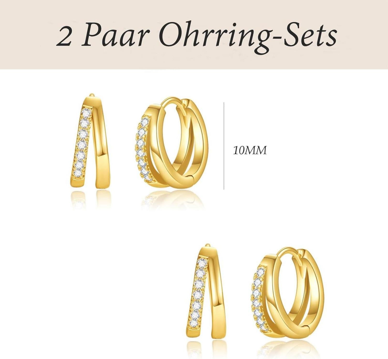 Silber 925 Ohrringe Set Damen 14K Vergoldet Creolen Ohrstecker Zirkonia Gold