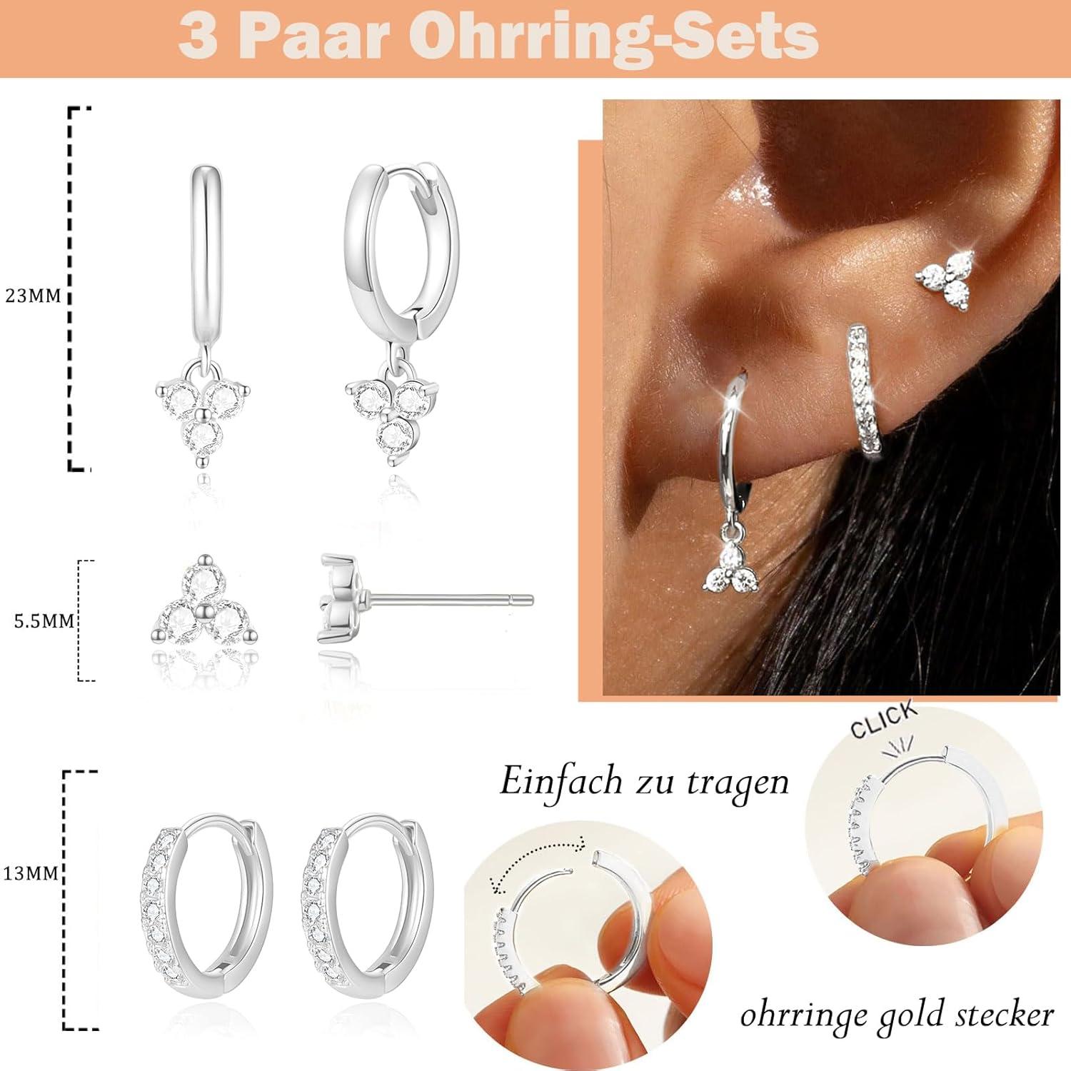 FUNEIA Ohrringe Set Silber 925 14K Vergoldet Zirkonia Gold Silber