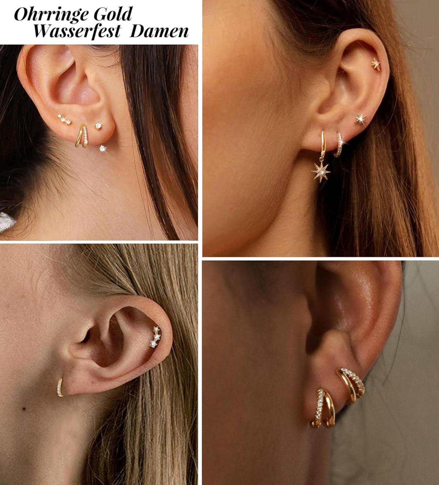 FUNEIA Ohrringe Silber 925 Set Damen 14K Vergoldet Zirkonia Anhänger Stapelbar