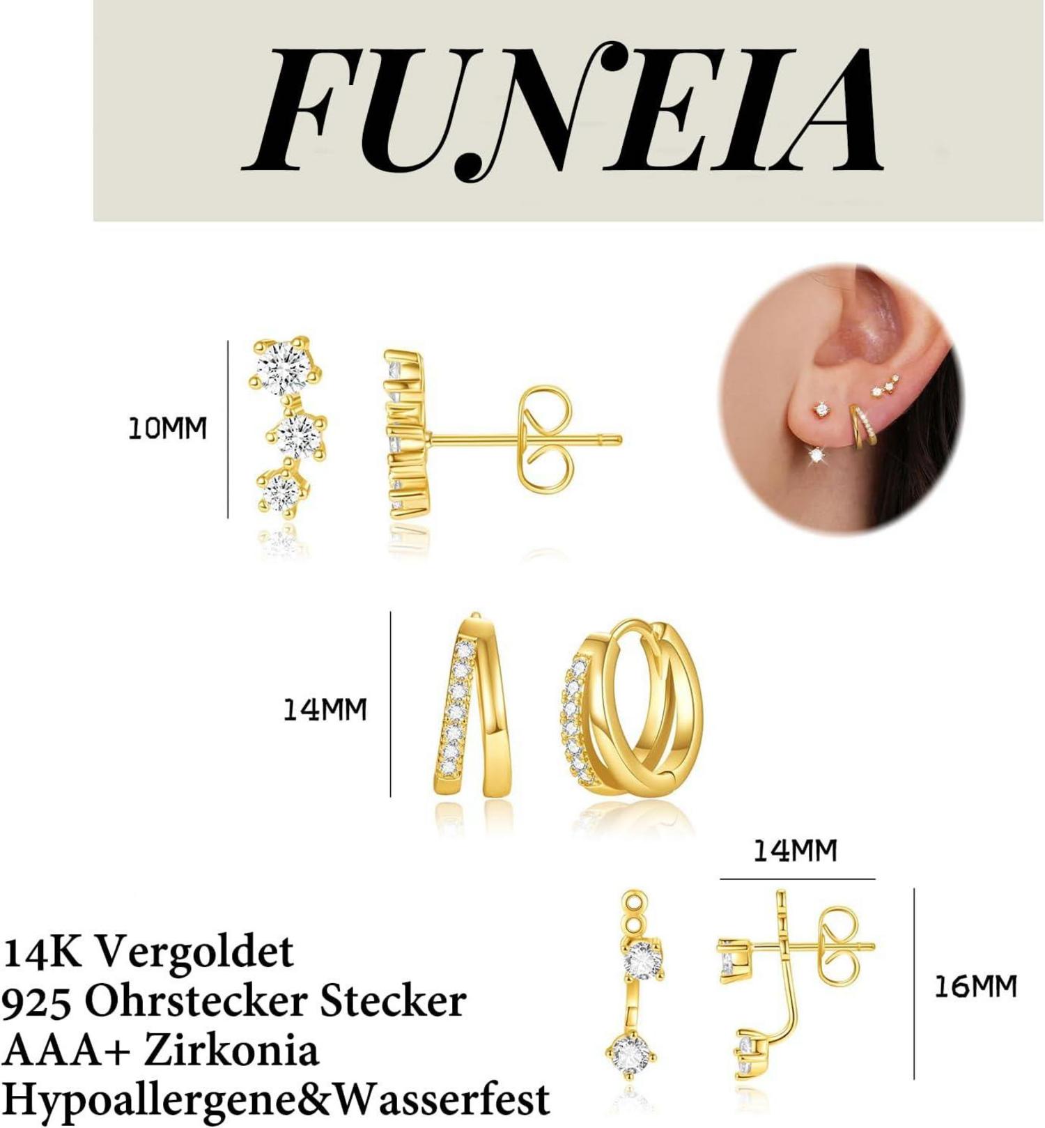 FUNEIA Damen Ohrringe Set 925 Silber Gold Vergoldet Zirkonia Creolen Ohrstecker