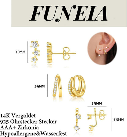 FUNEIA Damen Ohrringe Set 925 Silber Gold Vergoldet Zirkonia Creolen Ohrstecker