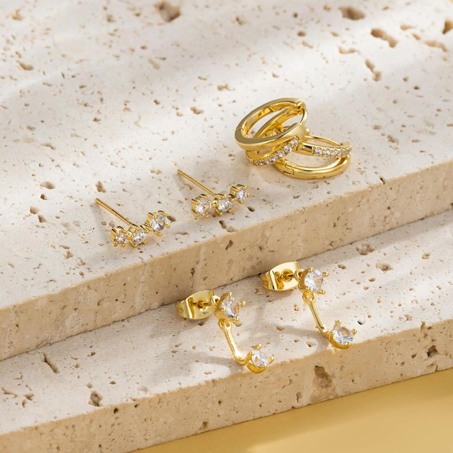 FUNEIA Damen Ohrringe Set 925 Silber Gold Vergoldet Zirkonia Creolen Ohrstecker