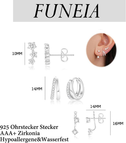FUNEIA Silber Ohrringe Set 925 14K Vergoldet Zirkonia Ohrstecker