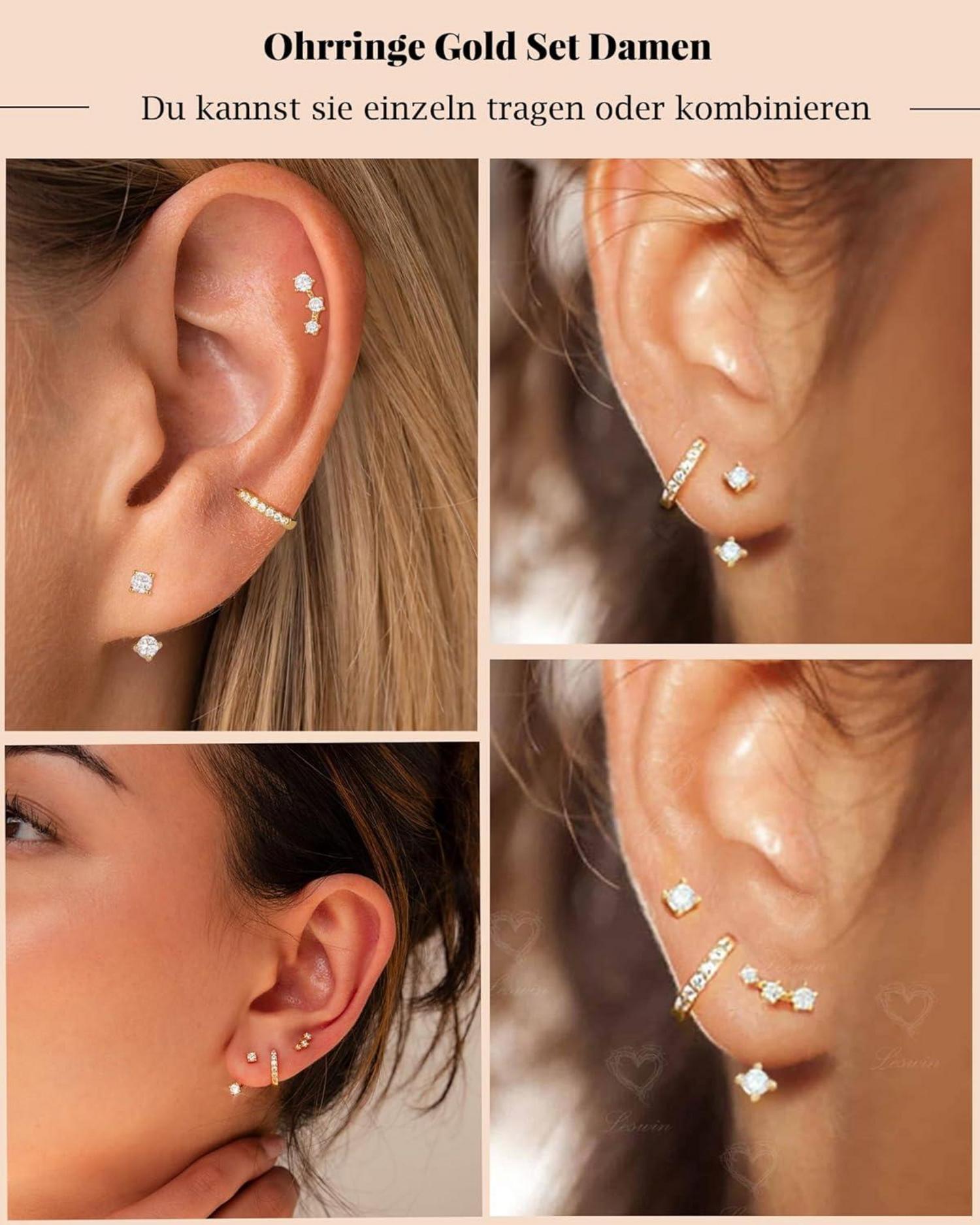 Damen Ohrringe Set Silber 925 Vergoldet Creolen Ohrstecker Zirkonia Gold