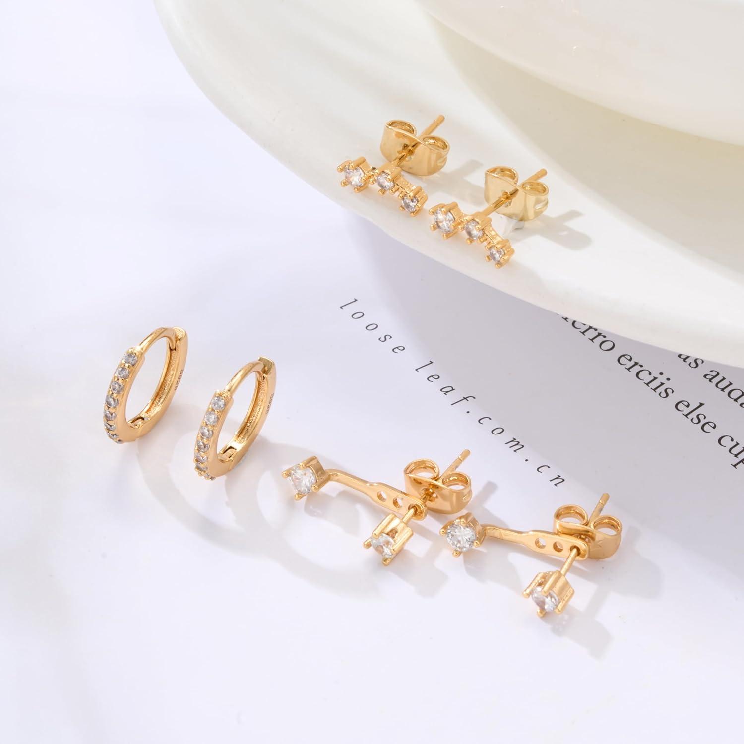 Ohrringe Set Damen 925 Silber 14K Vergoldet Creolen Ohrstecker