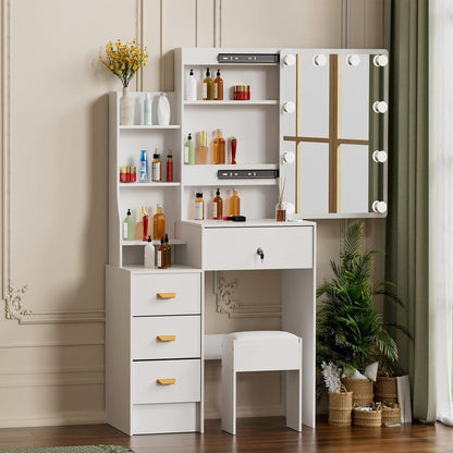 Schminktisch mit LED-Beleuchtung, Spiegel und Hocker 83x36x140cm