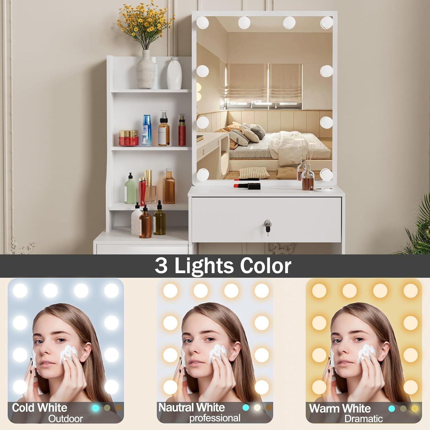Schminktisch mit LED-Beleuchtung, Spiegel und Hocker 83x36x140cm
