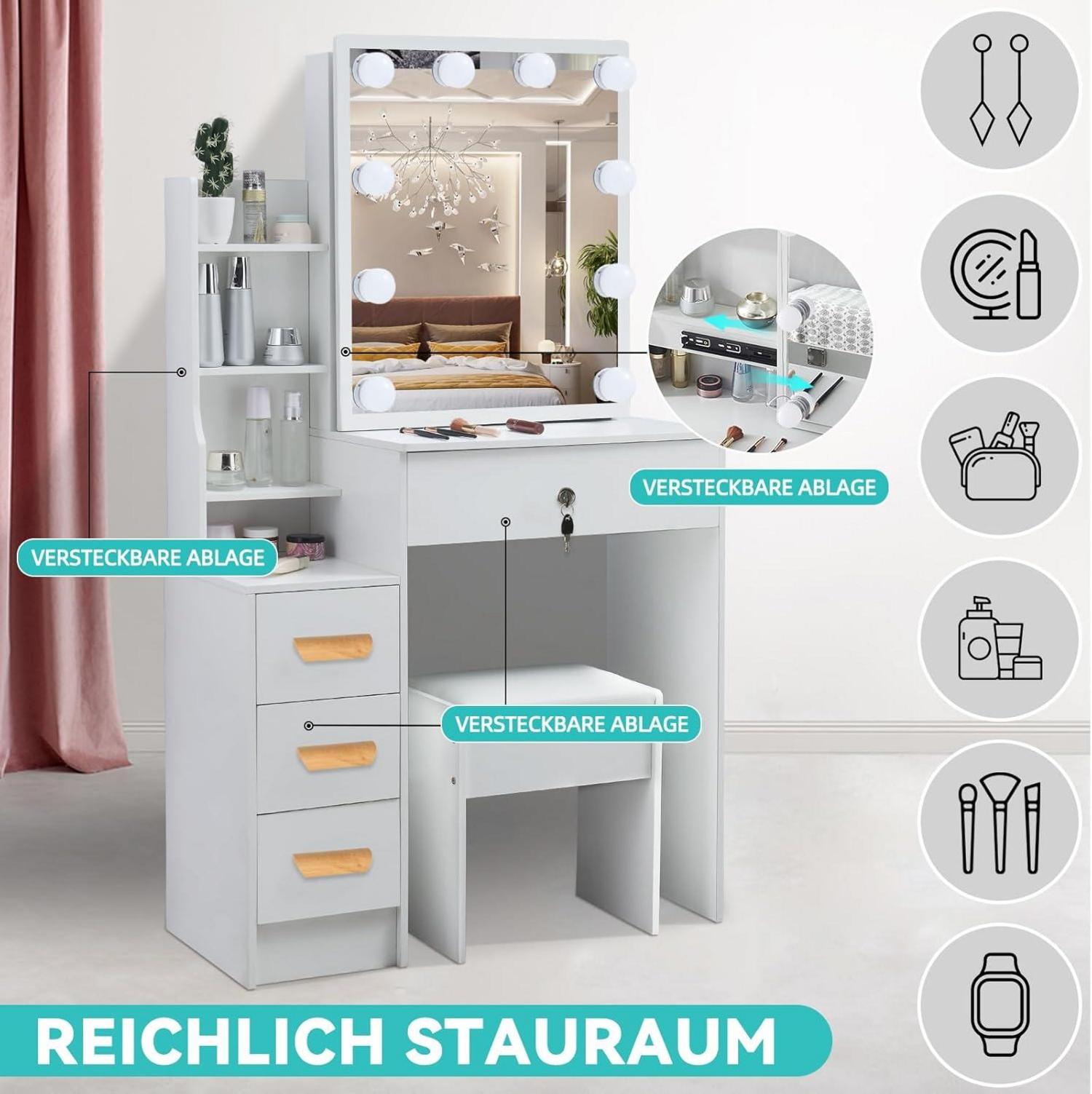 Schminktisch mit Spiegel und Beleuchtung, Kosmetiktisch mit Hocker und viel Stauraum