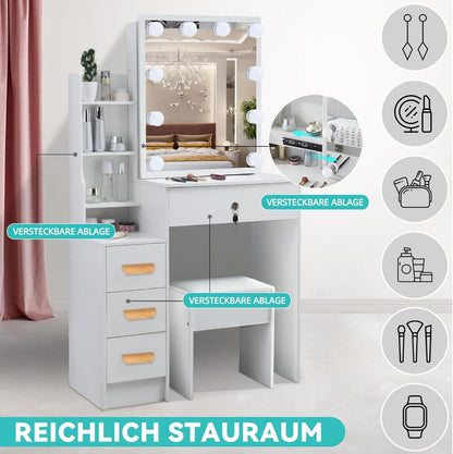 Schminktisch mit Spiegel und Beleuchtung, Kosmetiktisch mit Hocker und viel Stauraum