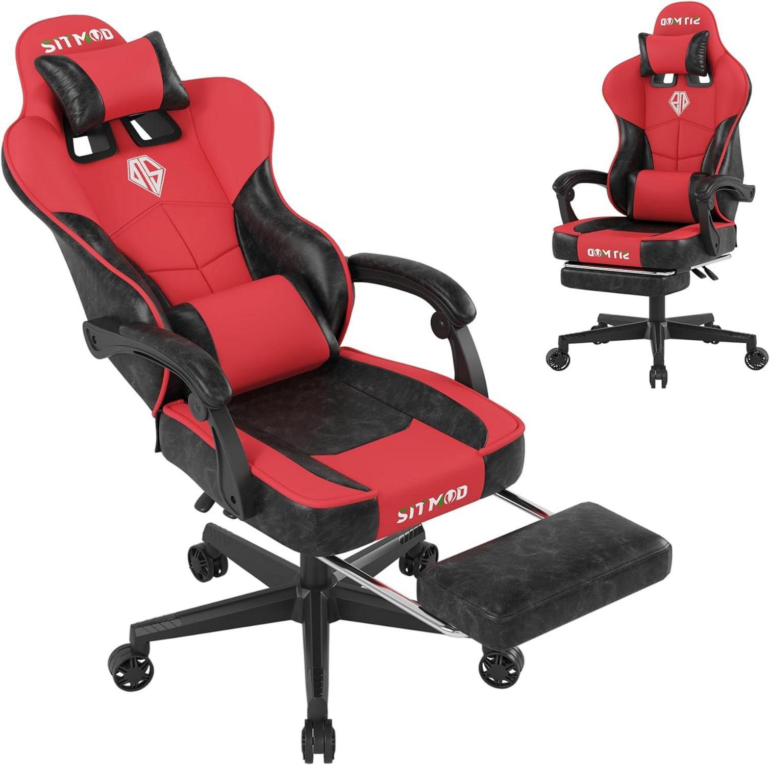 Gaming Stuhl Bürostuhl mit Fußstütze und Kopfstütze - Rot