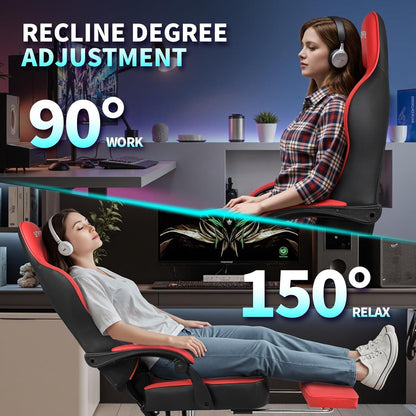 Bürostuhl Gaming Stuhl Höhenverstellbarer Dreh Ergonomisch PU Leder Gamer Stuhl Fußstütze Kopfstütze Lendenwirbelstütze 360° Drehsessel – Rot