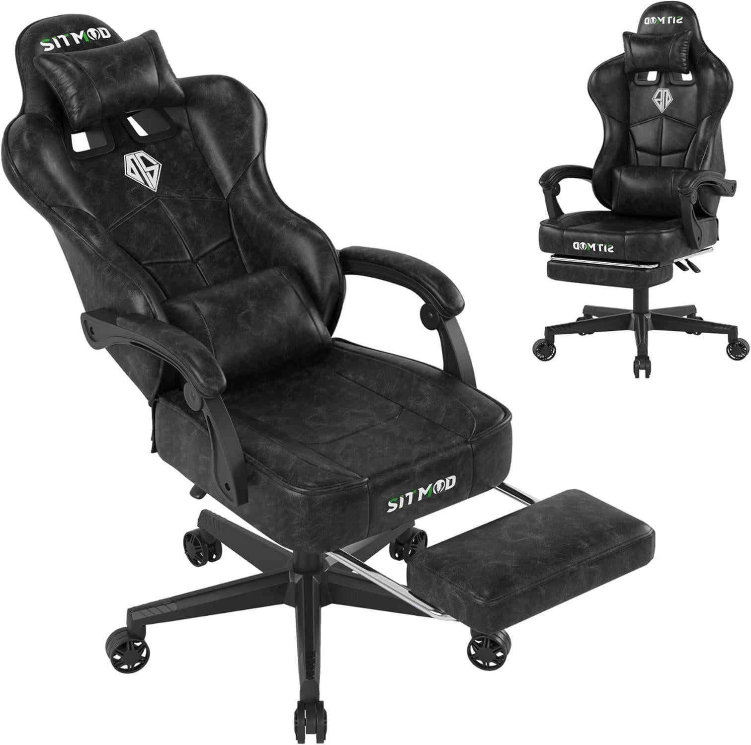 Ergonomischer Gaming Stuhl mit Fußstütze und Kopfstütze - Schwarz