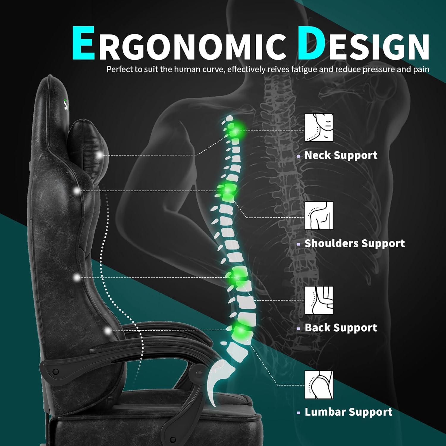 Ergonomischer Gaming Stuhl mit Fußstütze & Kopfstütze, PU