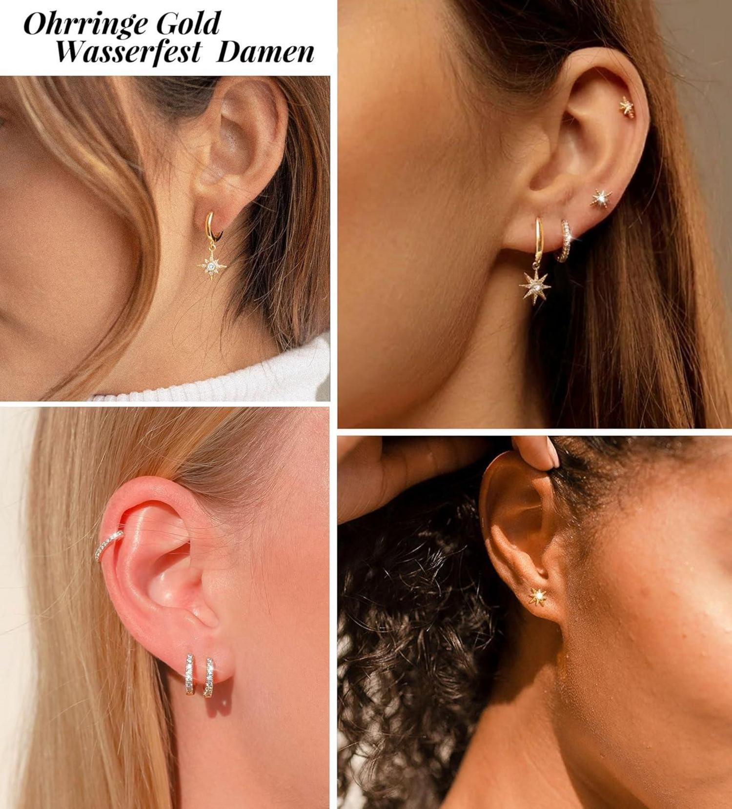 FUNEIA Ohrringe Set Damen 925 Silber Gold Creolen Ohrstecker Zirkonia Geschenkbox