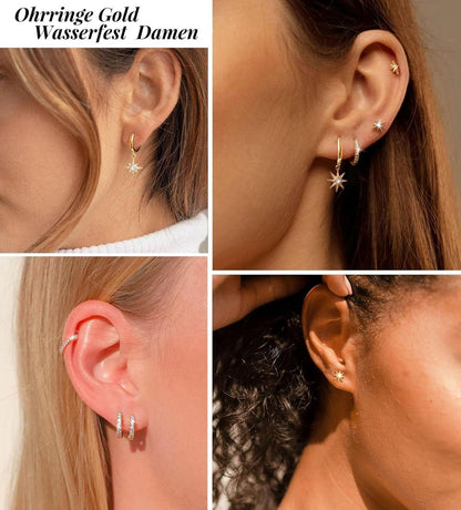 FUNEIA Ohrringe Set Damen 925 Silber Gold Creolen Ohrstecker Zirkonia Geschenkbox