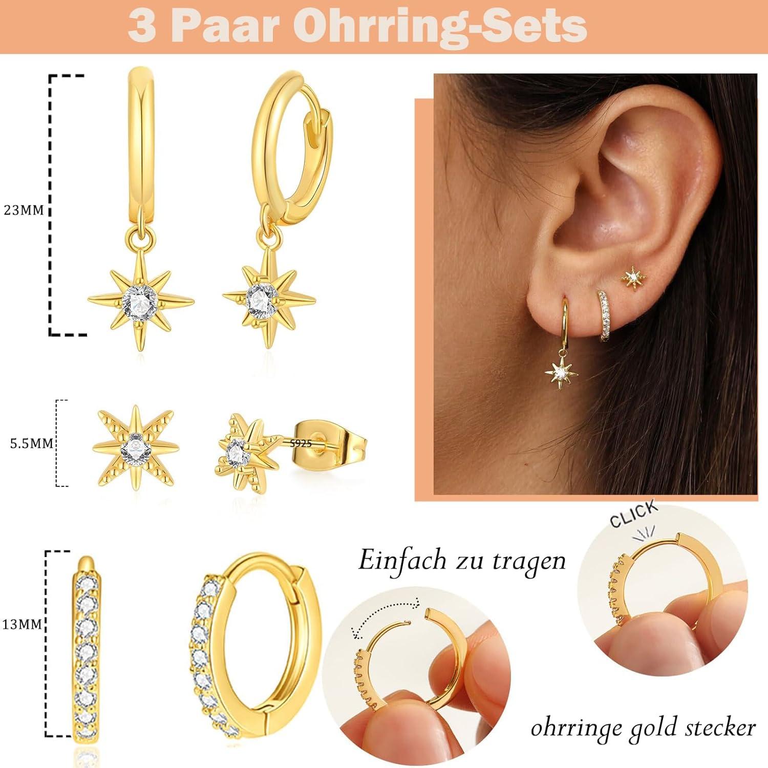 Damen Ohrringe Set 925 Silber 14K Vergoldet Zirkonia Ohrstecker Gold Silber