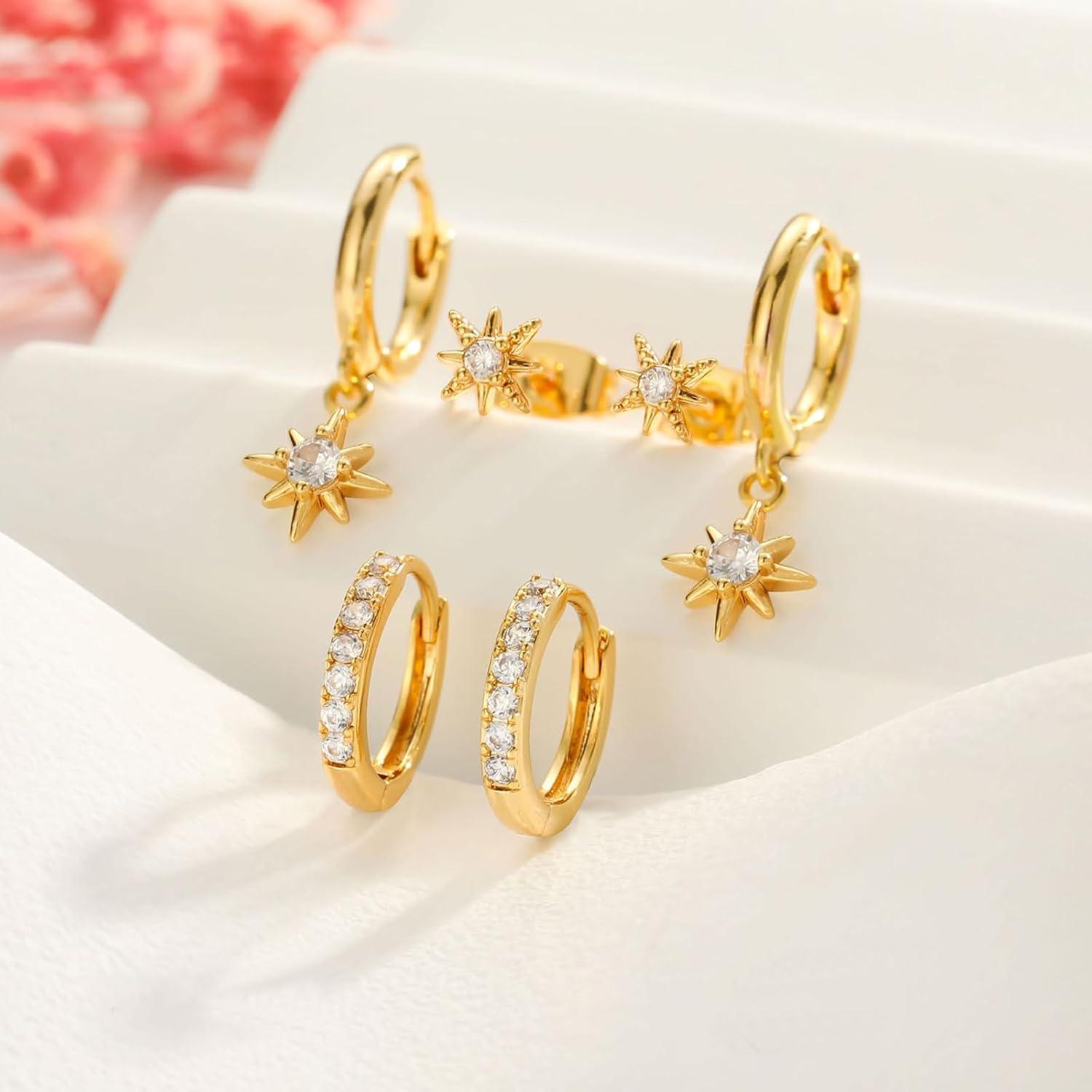 Ohrringe Silber 925 Set Damen 14K Vergoldet Creolen Ohrstecker