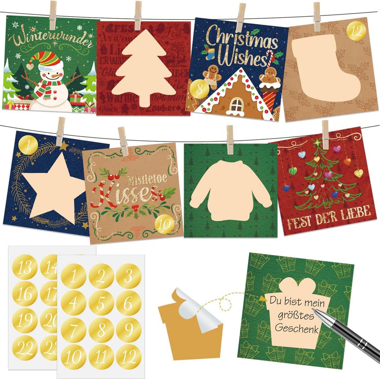 Rubbellos Adventskalender Karten DIY 2024 Rubbellose Glitzer Clips