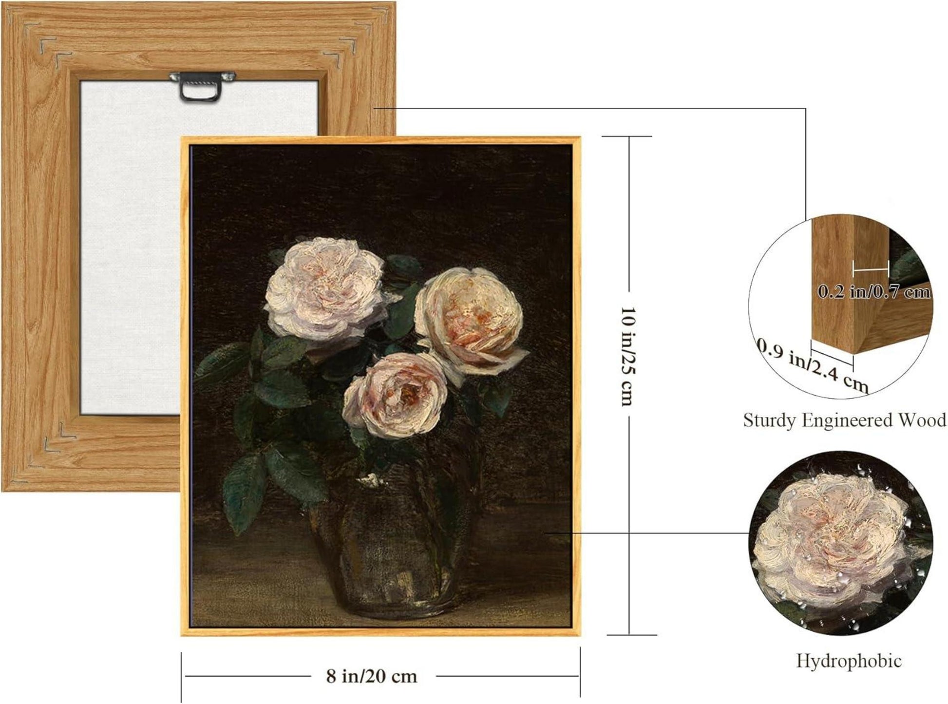 Vintage Botanische Leinwandbilder Rosa Rosen mit Holzrahmen 20x25cm