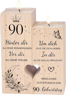 90. Geburtstag Kerzenhalter Herzform Holz inkl. Kerze