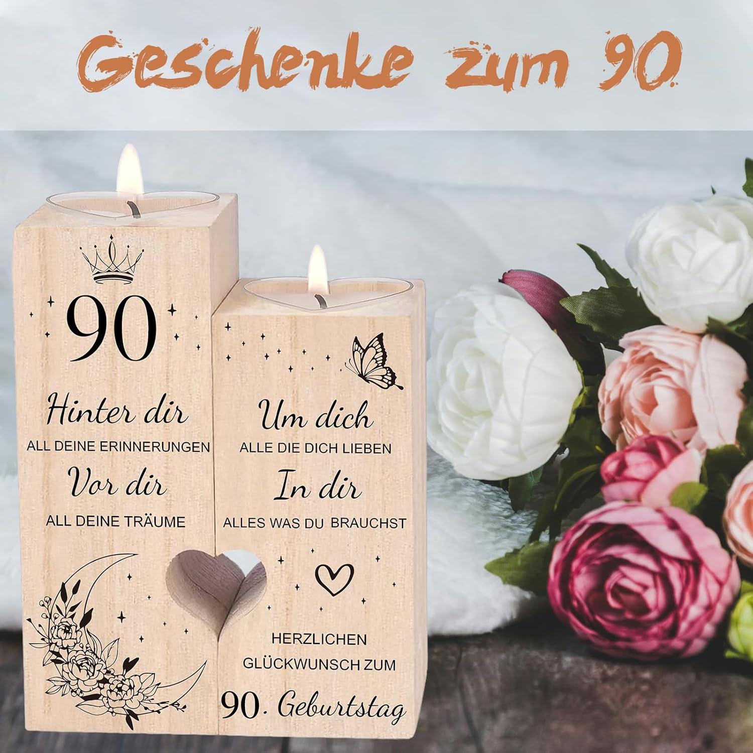 90. Geburtstag Kerzenhalter Herzform Holz inkl. Kerze