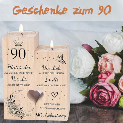 90. Geburtstag Kerzenhalter Herzform Holz inkl. Kerze