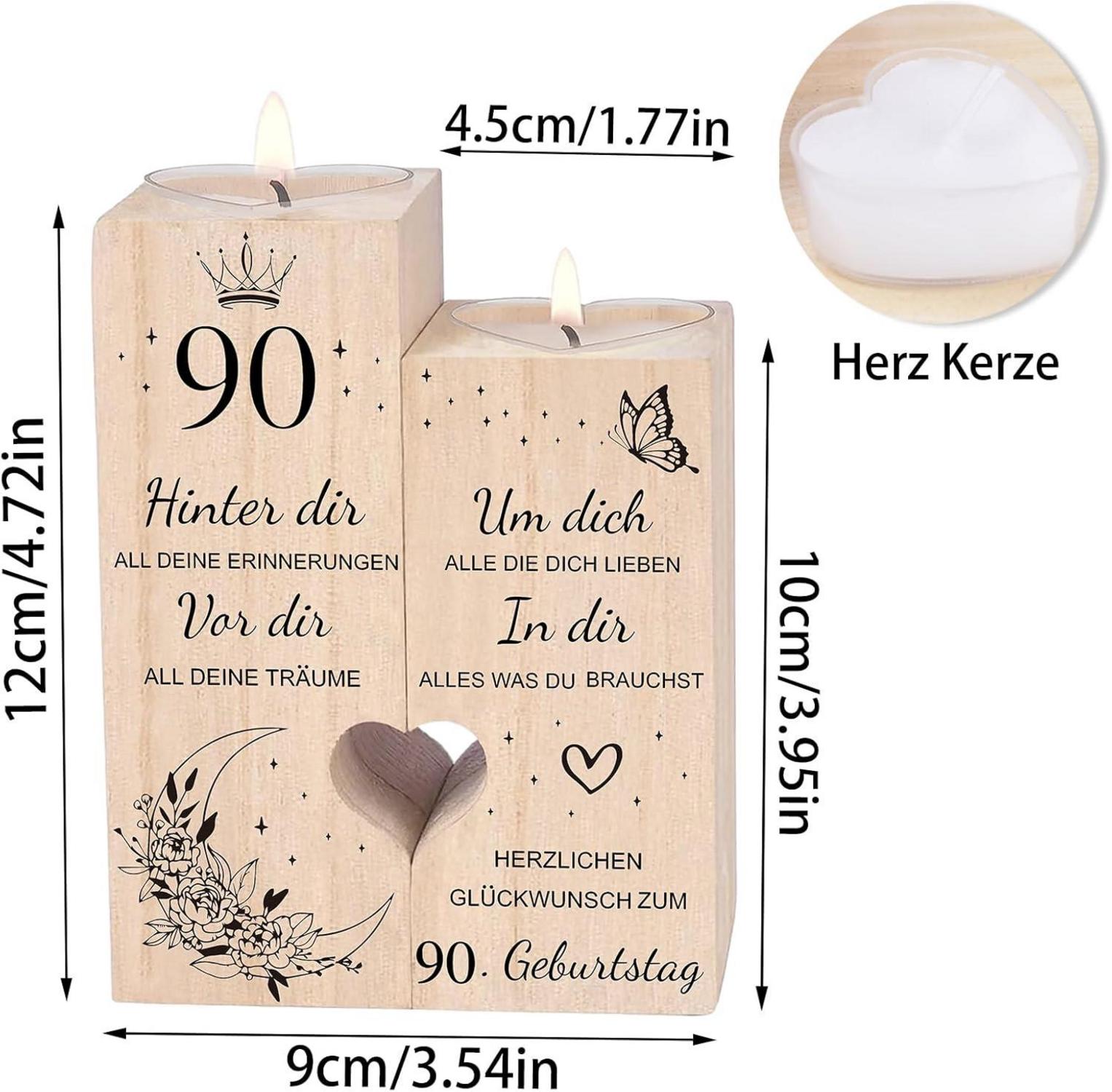 90. Geburtstag Kerzenständer Holzherz Set mit Kerze - Deko Geschenkideen für Frau, Mama, Schwester, Freundin