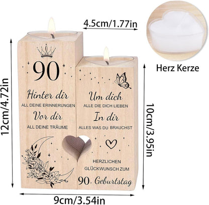 90. Geburtstag Kerzenständer Holzherz Set mit Kerze - Deko Geschenkideen für Frau, Mama, Schwester, Freundin