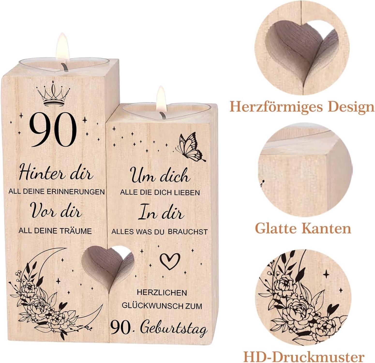 Herzförmiger 90. Geburtstag Kerzenhalter aus Holz 12x10cm