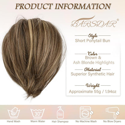 BARSDAR Haarteil Dutt Pferdeschwanz Synthetisch Braun Aschblond 20cm