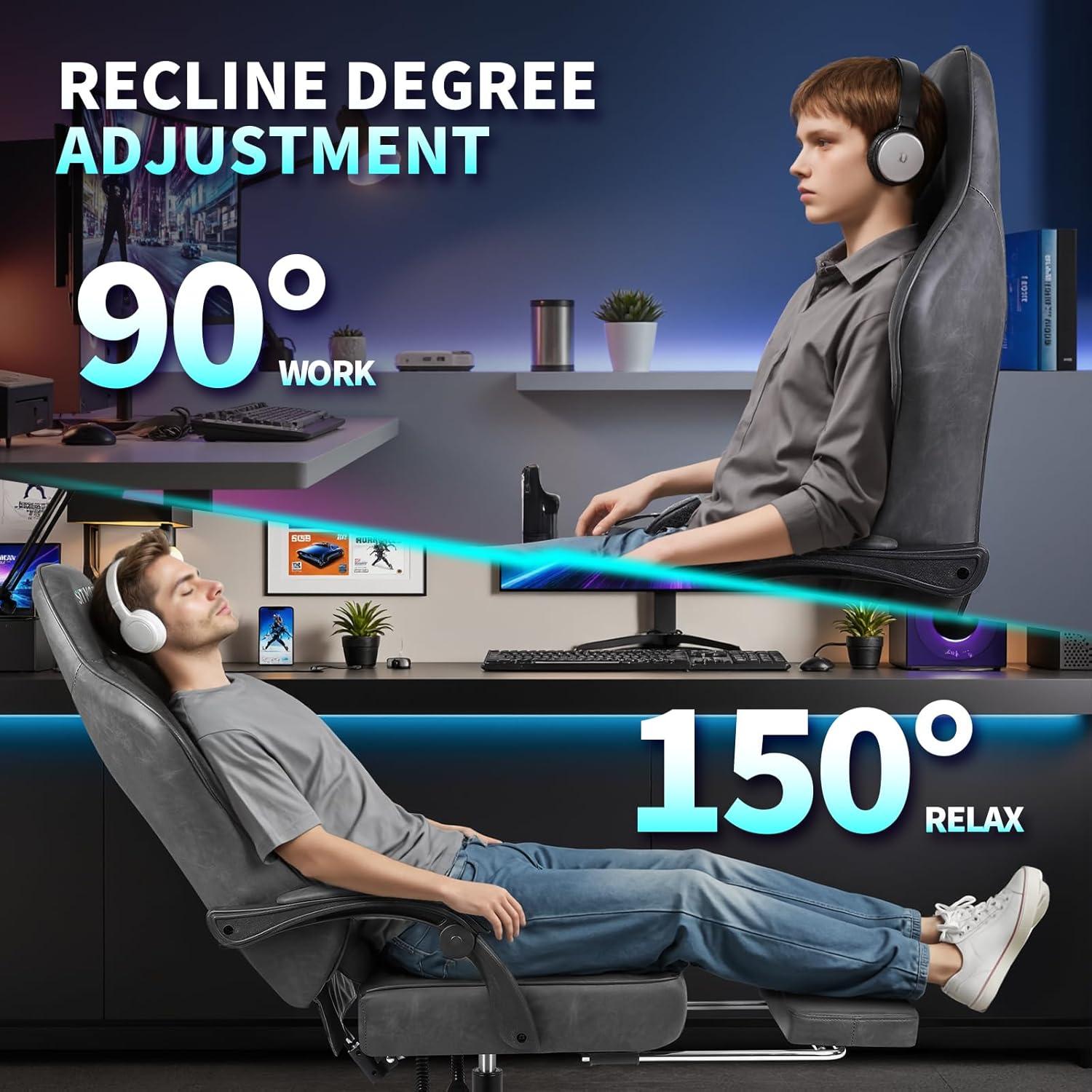 Ergonomischer Gaming Stuhl mit Fußstütze und Kopfstütze - Grau