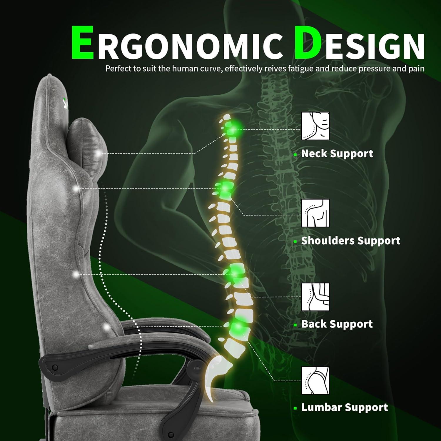 Gaming Stuhl Ergonomisch Fußstütze Kopfstütze Grau PU-Leder