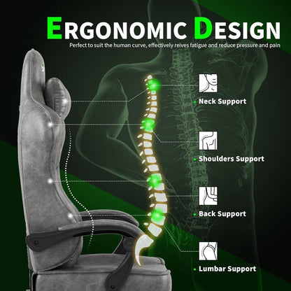 Gaming Stuhl Ergonomisch Fußstütze Kopfstütze Grau PU-Leder