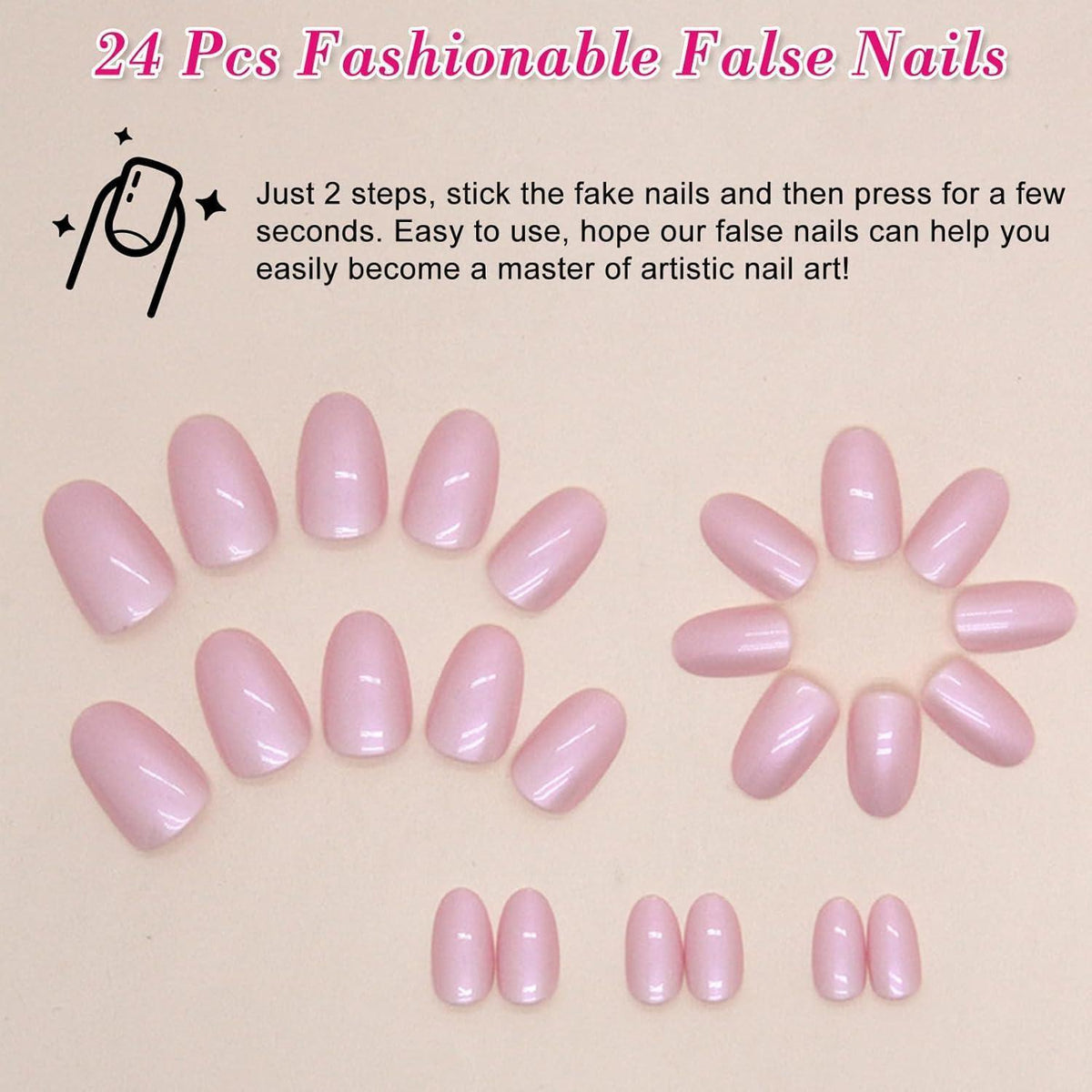 24 Stück Mandel Nägel Aufkleben Rosa Aurora French Press On Nails